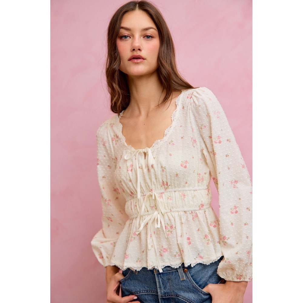 SO ME Floral Clip Dot Lace Trim Ruched Bodice Blouse - White - Medium - Picture 15 of 16